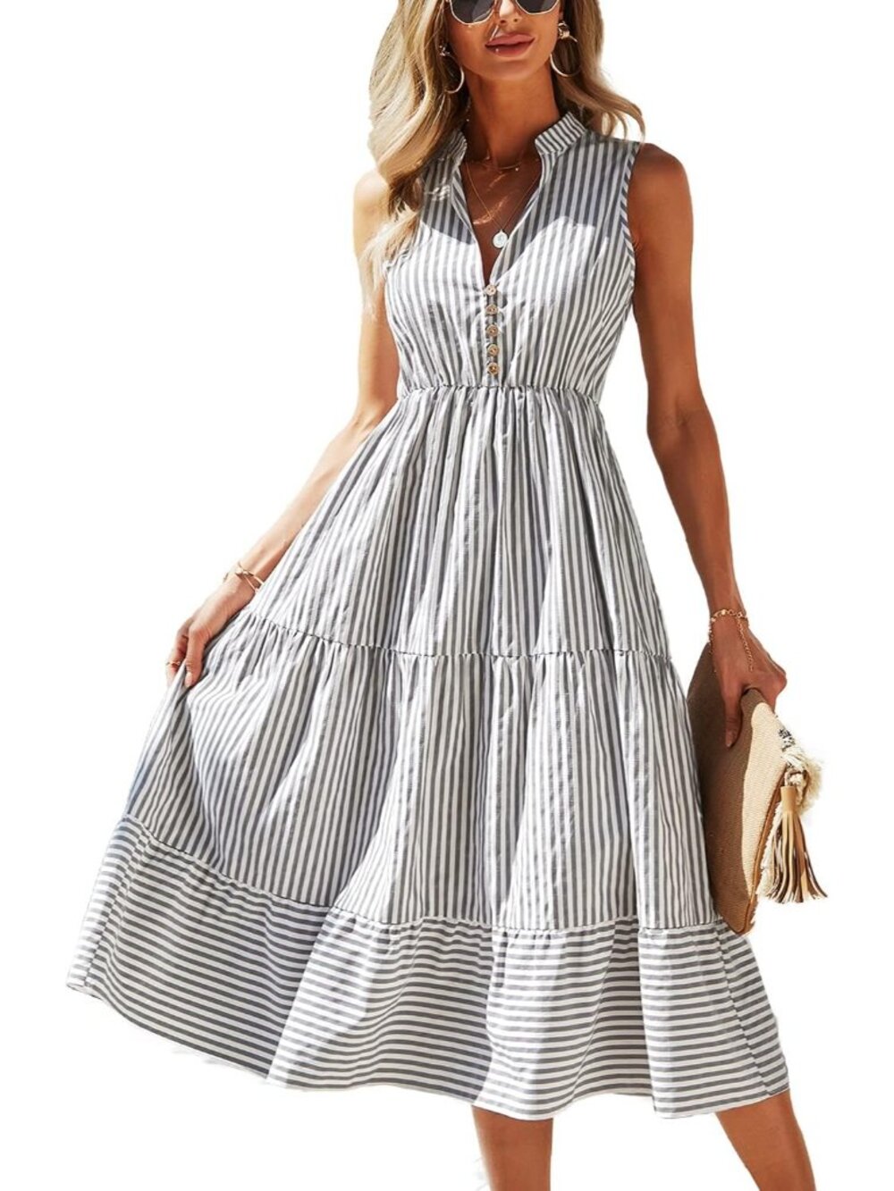 Women's Grey Summer Sleeveless Shirt Dress Collar Striped V Neck Casual Midi